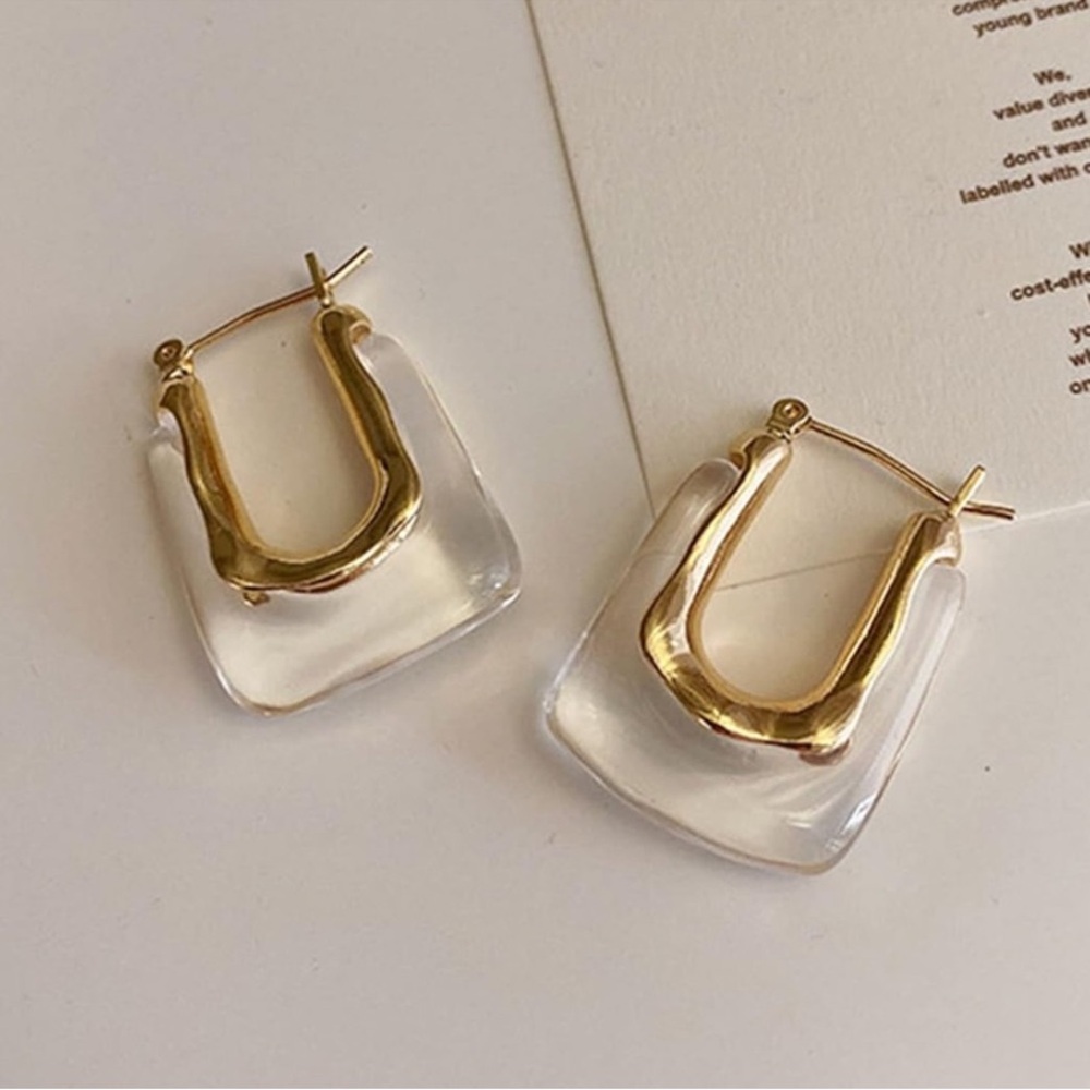 Anthropologie Gold and Clear Resin Sculpted Hoop Drop Earrings